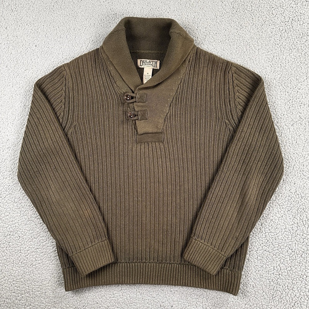 Duluth Trading Co Shawl Collar Infantry Sweater Men Medium Green Cotton Wool